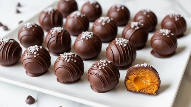 A white rectangular plate holds fifteen round chocolate-covered truffles, arranged in neat rows and topped with coarse white sea salt flakes. One truffle is cut open to show an orange-colored inside with a smooth texture, positioned at the plate's lower right corner. The plate sits on a white marbled surface with some small chocolate chips scattered around. Photo taken with an iphone --ar 4:5 --v 7
