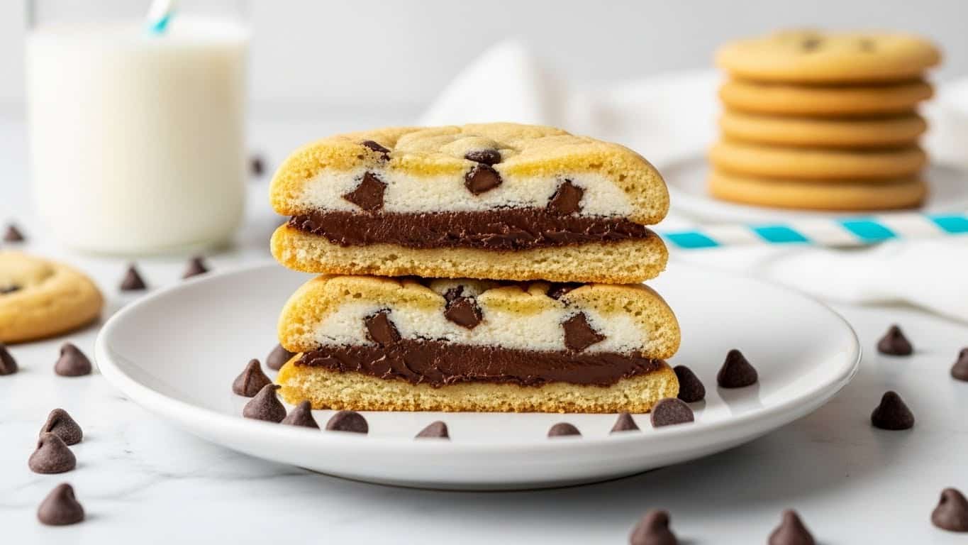 The image shows a white plate on a white marbled surface with two halves of a cookie sandwich cut in half and stacked. The cookie layers are light golden brown and soft textured, forming the top and bottom. Inside, there are two layers: the top layer is creamy white with small dark chocolate chips mixed in, and the bottom layer is a smooth, dark chocolate filling. Surrounding the plate are a few chocolate chips, and in the background, there is a glass of milk with a striped straw, and a blurred stack of round cookies on a white cloth. photo taken with an iphone --ar 4:5 --v 7