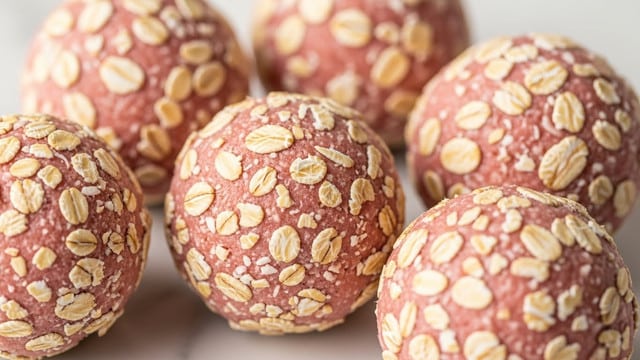 The image shows several round, pink energy balls clustered together on a white marbled surface. Each ball has a textured outer layer coated with pale pink and bits of oatmeal flakes scattered on the surface. One ball is held up in focus, revealing a center filled with a darker reddish-pink fruit or berry piece. The texture looks soft and slightly crumbly with a mix of smooth and rough oats on the outside. Photo taken with an iphone --ar 4:5 --v 7