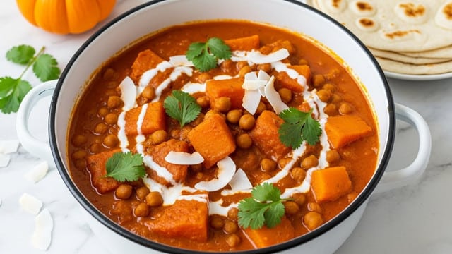 The dish is a thick stew served in a white enamel pot with black rim and white handles, placed on a white marbled texture. The stew has large orange chunks of pumpkin or squash mixed with whole brown chickpeas, all coated in a rich, warm, orange-red sauce that fills the pot. Creamy white swirls and flakes of fresh coconut are spread on top, along with bright green cilantro leaves scattered evenly across the surface. In the background, there is a small orange pumpkin and a stack of white flatbreads with light golden-brown spots. The lighting is soft and natural, highlighting the textures and colors clearly. Photo taken with an iphone --ar 4:5 --v 7