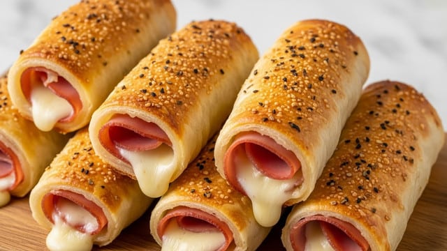 The image shows several golden brown rolled pastries placed closely on a wooden board. Each pastry has a crispy, bubbly top layer with small specks of black seasoning. Inside each roll, there are visible layers of melted white cheese and thin slices of pink ham, with some cheese gently oozing out from the ends. The pastries are arranged in a slightly scattered stack, giving a cozy and inviting look. The surface beneath is a white marbled texture. photo taken with an iphone --ar 4:5 --v 7