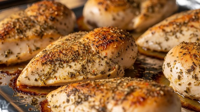 The image shows several pieces of roasted chicken breast on a baking tray lined with foil. Each chicken breast has a golden-brown surface with a slightly crispy texture, covered in scattered herbs and spices giving a speckled look with green, black, and reddish tones. The lighting highlights the juicy, moist inside and the shiny, oily coating on the surface. The background is softly blurred, placing focus on the chicken pieces that are closely placed but not touching. photo taken with an iphone --ar 4:5 --v 7