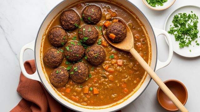 A white pot holds a stew with about two layers: the bottom thick brown sauce with a slightly shiny, creamy texture and small bits of vegetables like orange carrot pieces mixed in, and the top layer of about ten dark brown meatballs that have a rough, cooked crust, all sprinkled with green herbs. A wooden spoon with a long handle rests inside the pot, partially covered by the sauce, with the spoon's bowl holding some of the meatballs and sauce. The pot sits on a white marbled surface with a reddish-brown cloth partially visible underneath, and a small white plate with chopped green herbs and a small brown bowl nearby. Photo taken with an iphone --ar 4:5 --v 7