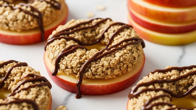 The image shows a close-up of round apple rings topped with a thick layer of light brown oatmeal mixture, which has a rough and grainy texture with visible oats. The oatmeal topping is drizzled with dark brown chocolate sauce in thin streaks. The apple rings are red on the outside and yellow on the inside, forming the base layer. The rings are placed on a white marbled surface, and some apple rings are stacked in the background. Photo taken with an iphone --ar 4:5 --v 7