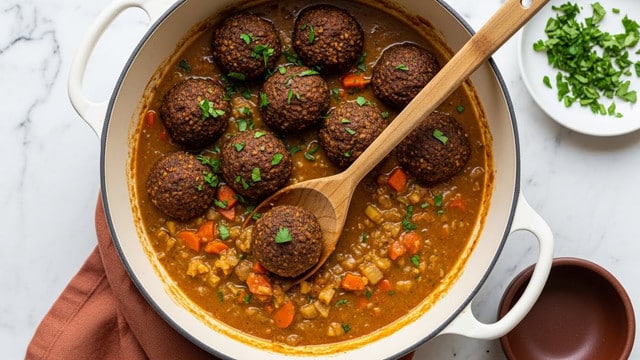 A white bowl filled with a rich stew showing three large dumplings covered in a thick, brown gravy. The dumplings have a rough texture and are sprinkled with small green herbs and some black pepper. Around the dumplings, chunks of orange carrots sit in a glossy brown sauce with small bits of onions and herbs visible. A silver spoon is partially sunk in the stew, and the bowl is placed on a white marbled surface with an orange cloth partially underneath. Photo taken with an iphone --ar 4:5 --v 7