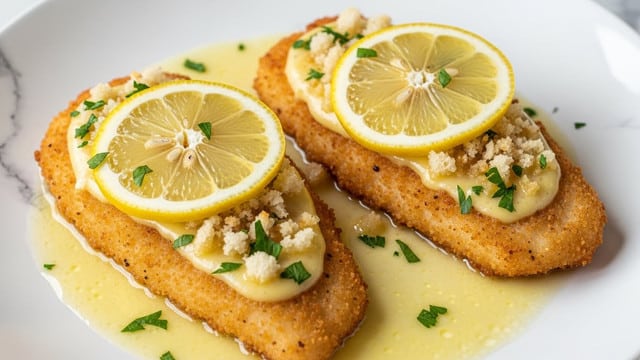 Two pieces of golden-brown breaded fish fillets sit on a white plate with a white marbled texture visible around the edges. Each fillet is topped with a layer of melted pale yellow butter sauce, sprinkled with small white breadcrumbs and finely chopped green parsley. On top of each fillet is a thin, bright yellow lemon slice with translucent segments visible. A light pool of buttery sauce surrounds the fillets, reflecting some light and adding a glossy texture to the dish. photo taken with an iphone --ar 4:5 --v 7