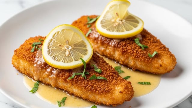 The image shows two pieces of golden-brown fried fish fillets placed on a white plate with a white marbled texture underneath. Each fillet has a crispy, textured coating and is topped with a thin lemon slice that is pale yellow with visible segments. The fish is covered with a light sauce that looks smooth and glossy, pooling slightly around the fillets. Fresh green herbs are sprinkled on top, adding a touch of color contrast to the warm browns and yellows of the dish. photo taken with an iphone --ar 4:5 --v 7