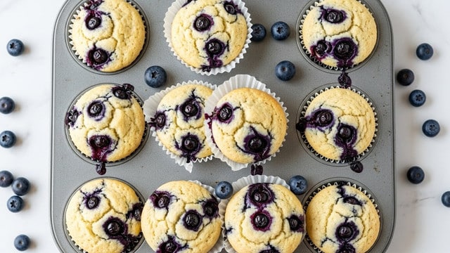 This image shows a metal muffin tray holding nine freshly baked blueberry muffins with light golden tops and dark purple blueberry bursts leaking slightly from cracks on each muffin's surface. The muffins sit inside white paper liners and appear soft and fluffy with slightly rounded crowns. Scattered around the muffin tray on a white marbled surface are several fresh plump blueberries adding a touch of deep blue contrast. The overall scene is bright and clean with a neat arrangement. photo taken with an iphone --ar 4:5 --v 7
