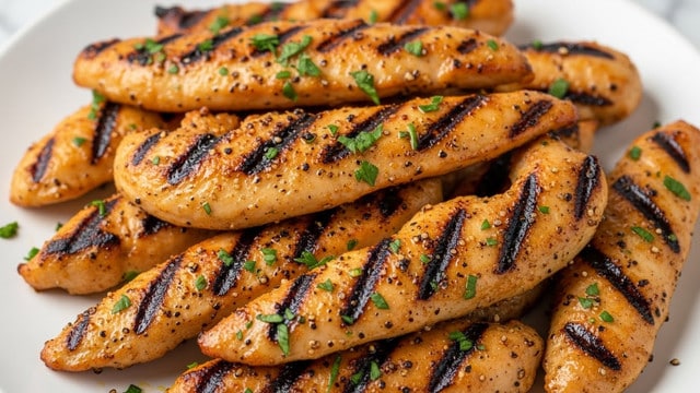 A pile of golden-brown grilled chicken strips with a crispy texture are layered loosely on a white plate, some pieces stacked on top of others. The chicken has specks of black pepper and bright green chopped herbs sprinkled unevenly across the surface. There is a shiny glaze of oil or sauce giving a slight gloss to the chicken, making it look juicy and flavorful. The close-up shows the detailed char marks and seasoning on each strip, with a white marbled texture visible faintly behind the plate. Photo taken with an iphone --ar 4:5 --v 7