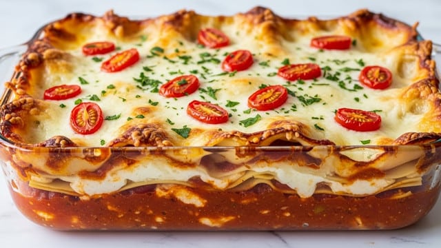 The image shows a baking dish filled with a multi-layered lasagna. The bottom layer is a thick, rich tomato sauce with a deep red color. Above this sauce, there are golden layers of pasta sheets, followed by thick white melted cheese that is browned and bubbly from baking. Scattered on top are halved red cherry tomatoes, and a sprinkling of finely chopped green herbs adds a fresh contrast. The edges of the lasagna have crispy, browned cheese that bubbles up against the glass sides of the dish. The dish is on a white marbled surface with soft natural light highlighting the glossy, textured layers. Photo taken with an iphone --ar 4:5 --v 7
