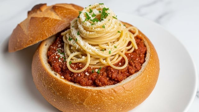 Spaghetti Garlic Bread Bowls Recipe
