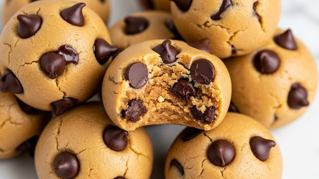 The image shows small round frozen Greek yogurt peanut butter bites stacked on a white marbled surface. Each bite is light tan with a creamy texture, mixed with dark chocolate chips partially embedded inside and on top. The top layer of the bites is smooth but with some cracking, featuring two or three glossy chocolate chips standing upright. One bite on the top has a bite taken out, revealing the soft inside with a mixture of peanut butter and melted dark chocolate swirls. The background is slightly blurred to keep the focus on the front bites. photo taken with an iphone --ar 4:5 --v 7