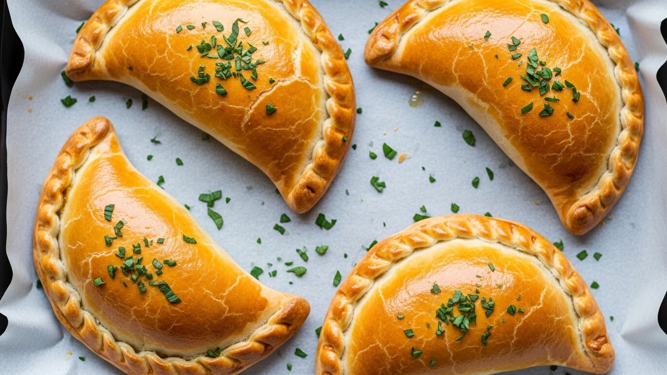 The image shows four golden brown empanadas with a shiny, flaky crust baked to perfection, each folded into a semi-circle with crimped edges pressed with a fork, and small green herb bits sprinkled on top. They are placed on white parchment paper inside a dark baking tray, with small bits of chopped green herbs scattered around them. The crust looks crispy with slight variations in browning, indicating a fresh bake. Photo taken with an iphone --ar 4:5 --v 7