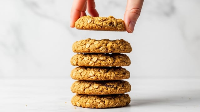 The image shows a stack of six golden-brown oat cookies with a rough texture, each cookie layered evenly on top of each other, showing the oats and small bits in the cookies clearly. A woman’s hand is gently holding the top cookie between thumb and fingers, lifting it slightly. The background has a white marbled texture, making the cookies stand out clearly. photo taken with an iphone --ar 4:5 --v 7