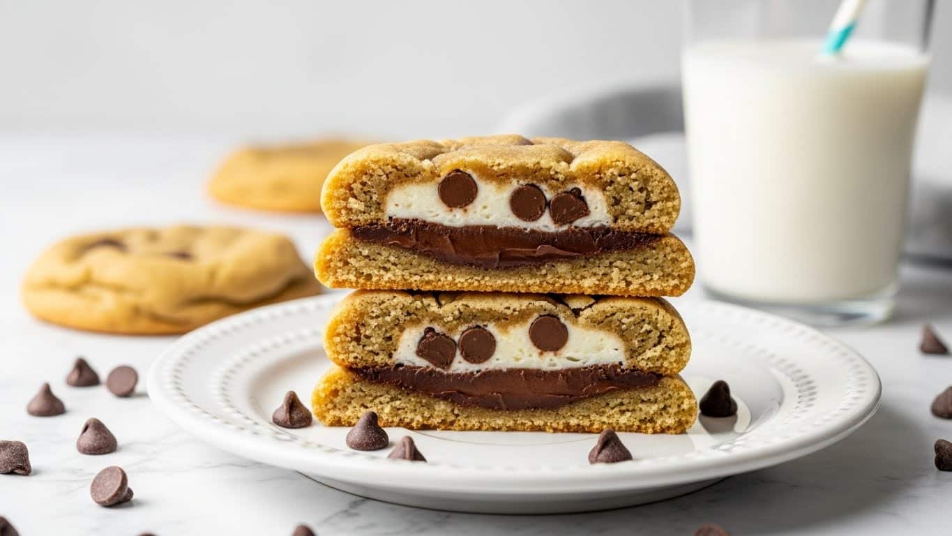 Two soft, golden brown cookies are stacked on a white plate on a white marbled surface, with the top cookie cut in half showing three layers inside: a top and bottom cookie layer with a smooth, dark chocolate layer in the middle and a creamy, white filling with chocolate chips in the center. Around the plate are a few scattered chocolate chips, and in the background, there is a glass of milk with a striped straw. Photo taken with an iphone --ar 4:5 --v 7