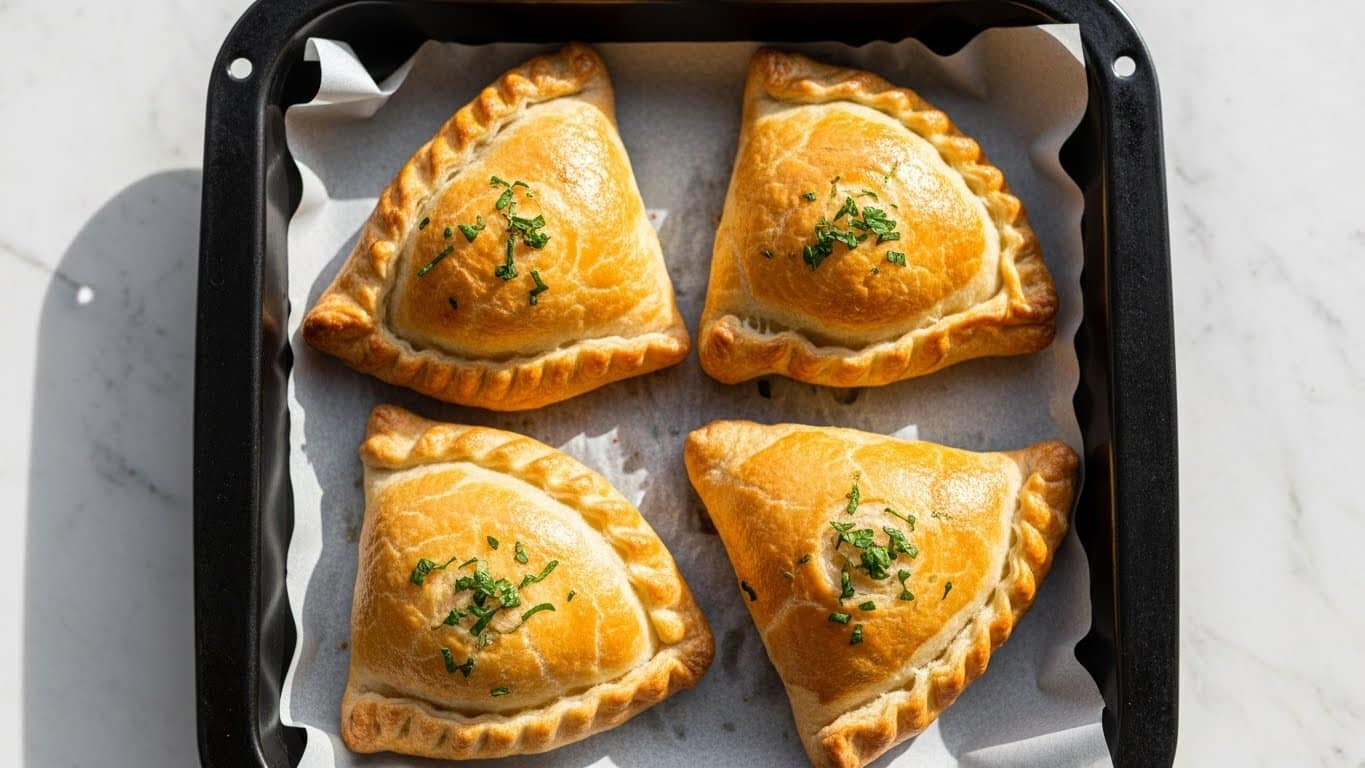 The image shows a black square baking tray with four golden brown, triangular turnovers arranged neatly inside. Each turnover has a flaky, slightly bubbled crust with crimped edges and a few small green herb bits sprinkled on top. The turnovers are placed on white parchment paper, and the tray is set on a white marbled surface. The light gives the crust a warm, crispy look, and the turnovers appear fresh and hot. Photo taken with an iphone --ar 4:5 --v 7