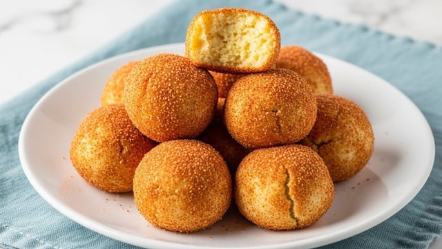 A white plate holds a pile of round balls, about eight in total, each covered with a textured coating of reddish-brown spice that looks slightly grainy and uneven. The balls are off-white inside, and their surface shows small bumps and folds, making them appear soft yet spiced all over. The plate rests on a blue cloth against a white marbled texture background, with soft natural light highlighting the warm colors and detailed texture of the spiced coating. photo taken with an iphone --ar 4:5 --v 7
