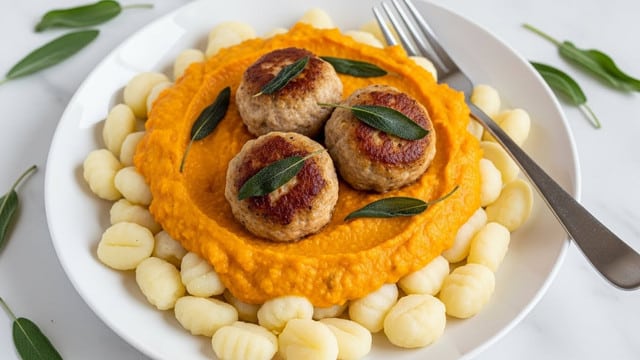A white round plate with a base layer of small, white, round gnocchi spread evenly around the edges, topped with a thick layer of bright orange creamy sauce with a slightly chunky texture in the center. On top of the sauce, there are three golden-brown, well-seared meatballs with a slightly crispy surface, each garnished with dark green sage leaves. A silver fork is placed on the right edge of the plate, resting partially on the sauce. The plate is set on a white marbled surface with scattered sage leaves nearby. Photo taken with an iphone --ar 4:5 --v 7