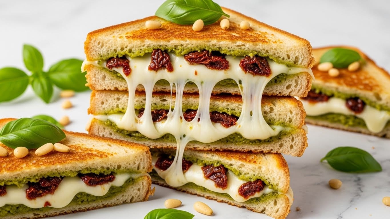 The image shows a stack of grilled cheese sandwiches cut into triangles and layered on a white marbled surface, each sandwich featuring three visible layers: a golden brown, crispy toasted bread layer on top and bottom, a thick middle layer of melted white cheese stringing out between slices, and a green pesto spread dotted with dark red sun-dried tomato pieces peeking through; fresh bright green basil leaves and scattered pine nuts decorate the sandwiches and the surface, adding color and texture contrast, photo taken with an iphone --ar 4:5 --v 7