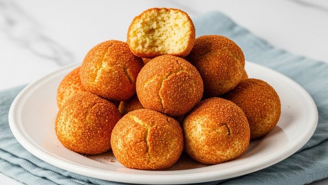 A white plate holds eight small round balls that are light yellow with a rough texture, each covered evenly with a reddish-brown powder, giving them a slightly crispy look. The balls are stacked slightly on top of each other, showing a soft and moist inside through a few cracks, with the reddish-brown color contrasting against the pale yellow. The plate is placed on a light blue cloth, with a white marbled texture surface in the background, creating a clean and inviting setting. Photo taken with an iphone --ar 4:5 --v 7