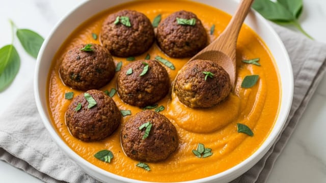 The image shows a close-up of six browned meatballs, each with a rough texture and sprinkled with small green herbs, sitting in a thick, creamy orange sauce inside a white bowl. The sauce is smooth with a slightly glossy surface, filling the bowl partially and providing a colorful base for the meatballs. A wooden spoon is scooping one meatball, partially lifting it out of the sauce, and there are some green leaves scattered on the surface of the sauce around the meatballs. The bowl rests on a light gray cloth, set on a white marbled surface, with a few fresh green herb leaves placed nearby. photo taken with an iphone --ar 4:5 --v 7