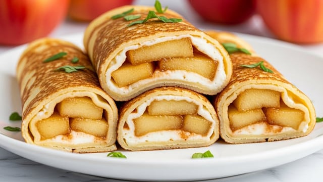 The image shows three rolled crepes placed on a white plate, each crepe golden brown with a lightly crisp texture on the outside. Inside, there are visible layers of soft, cooked apple slices coated in a shiny cinnamon glaze, mixed with a creamy white filling that peeks out at the edges. The crepes have small green herb leaves sprinkled on top for garnish. In the background, blurred red apples add a natural touch. The surface beneath the plate has a white marbled texture. photo taken with an iphone --ar 4:5 --v 7