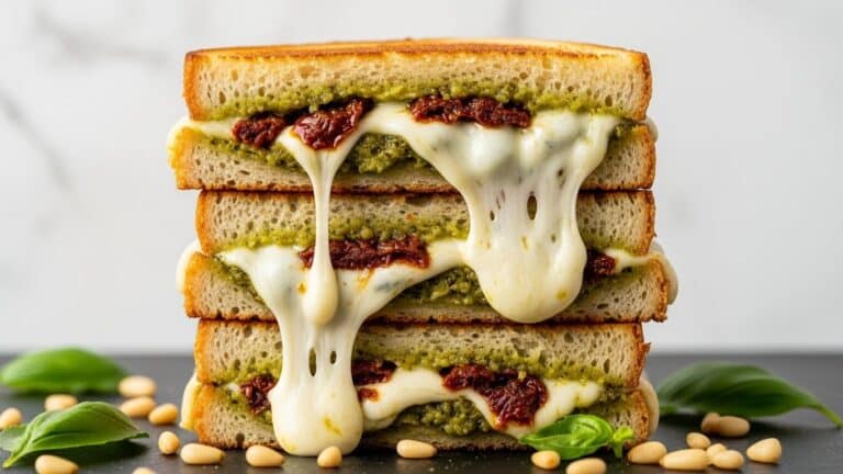 Sourdough Pesto Grilled Cheese with Sun-Dried Tomatoes, Bacon, and Mozzarella Recipe