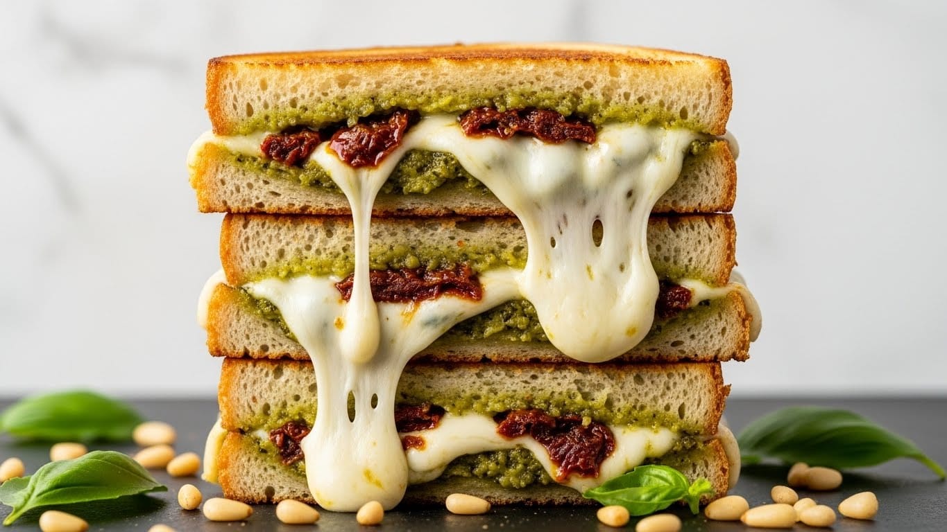 A tall stack of three grilled cheese sandwich halves shows thick toasted bread with a golden brown crust. Inside each sandwich, there is a rich green pesto layer mixed with pieces of dark red sun-dried tomatoes, and thick gooey white melted cheese that stretches and drips down the sides. The sandwiches sit on a dark surface scattered with light brown pine nuts and a few fresh green basil leaves. The background is a soft white marbled texture with soft light highlighting the crispy and melty textures. Photo taken with an iphone --ar 4:5 --v 7