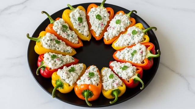A black plate holds twelve mini bell pepper halves arranged in a circle with their cut sides facing up, showcasing a creamy white filling speckled with herbs and small bits of red and green. The peppers are in bright colors of yellow, orange, and one red, each with a slightly glossy texture and fresh green tops. The filling looks smooth with a crumbly texture, topped lightly with herbs. The plate sits on a white marbled surface. photo taken with an iphone --ar 4:5 --v 7