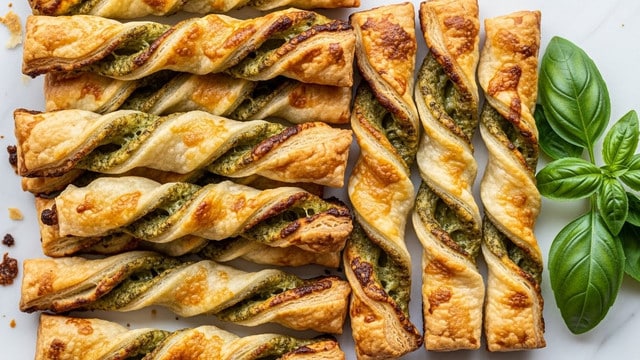 The image shows several golden brown twisted pastry sticks arranged closely together on a white marbled surface. Each stick has visible layers of flaky, crispy dough twisted around a green pesto filling that peeks through the spirals. The pastries have a slightly uneven, rustic texture with some darker baked spots, and a few crumbs are scattered around. There is a small bunch of fresh green basil leaves placed next to the pastries on the right side. The overall look is warm, homemade, and inviting. photo taken with an iphone --ar 4:5 --v 7