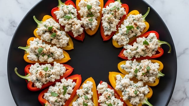 A dark plate holds 13 small colorful mini bell pepper halves in red, orange, and yellow, arranged in a circle. Each pepper half is filled with a chunky creamy white cheese mixture with visible herbs and spices, giving the filling a textured look. Small green herbs are sprinkled over the tops. The plate rests on a white marbled surface that contrasts with the bright peppers and the cheese filling. photo taken with an iphone --ar 4:5 --v 7