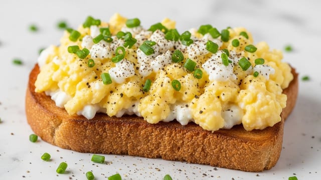 A slice of toasted bread with a golden brown crust forms the base layer, topped with a thick, fluffy layer of yellow scrambled eggs mixed with soft white cottage cheese that adds creamy texture. The top layer is sprinkled with small, bright green chopped chives and a light dusting of black pepper, scattered unevenly. The toast sits on a white marbled surface with a few stray chive pieces around it, giving a fresh and homemade feel. photo taken with an iphone --ar 4:5 --v 7