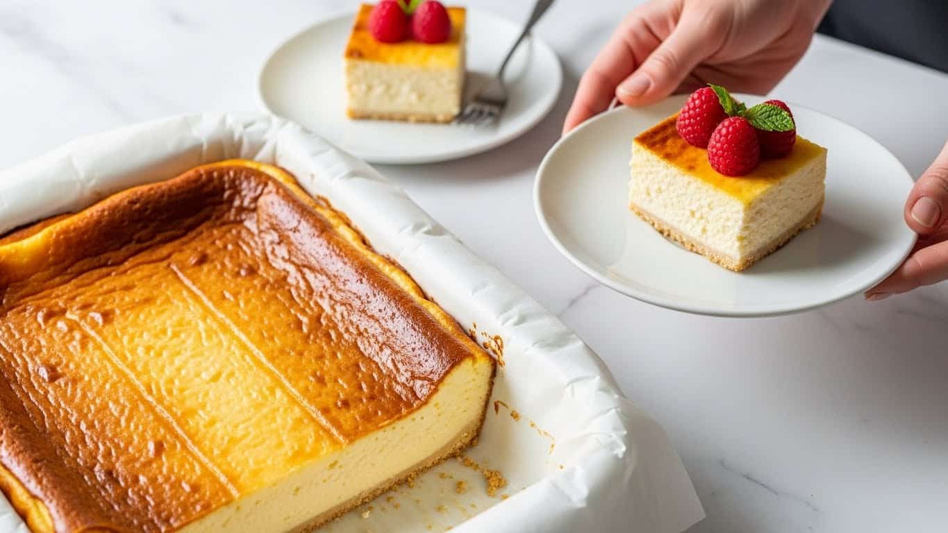 The image shows a rectangular cheesecake with a rich, golden-brown top that looks slightly caramelized and unevenly textured. The main body of the cake is thick, creamy yellow, and smooth, with straight edges, sitting on a white paper liner inside a white baking dish. In the background, there are two small white plates; one holds a square slice of the cheesecake topped with three red raspberries and a small green leaf, and the other plate has a plain square slice. The scene is set on a white marbled surface, and a woman's hand holds one of the plates with the cheesecake slice. Photo taken with an iphone --ar 4:5 --v 7