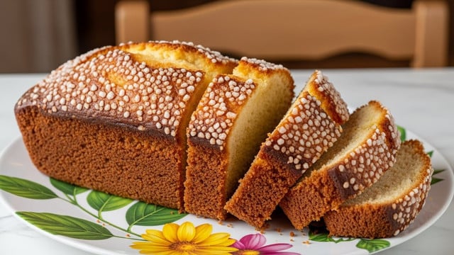 The image shows a close-up view of a loaf of pull-apart bread with a soft, golden-brown crust covered in a layer of large sugar crystals. The bread has multiple rounded sections that are joined together, giving it a bumpy texture on top. The inside is light and fluffy with a pale yellow color, visible in the cut half of the loaf facing the camera. The bread sits on a white plate with a green border decorated with yellow flowers. The background has a warm, blurred indoor setting with wooden furniture. The surface underneath the plate is a white marbled texture. photo taken with an iphone --ar 4:5 --v 7