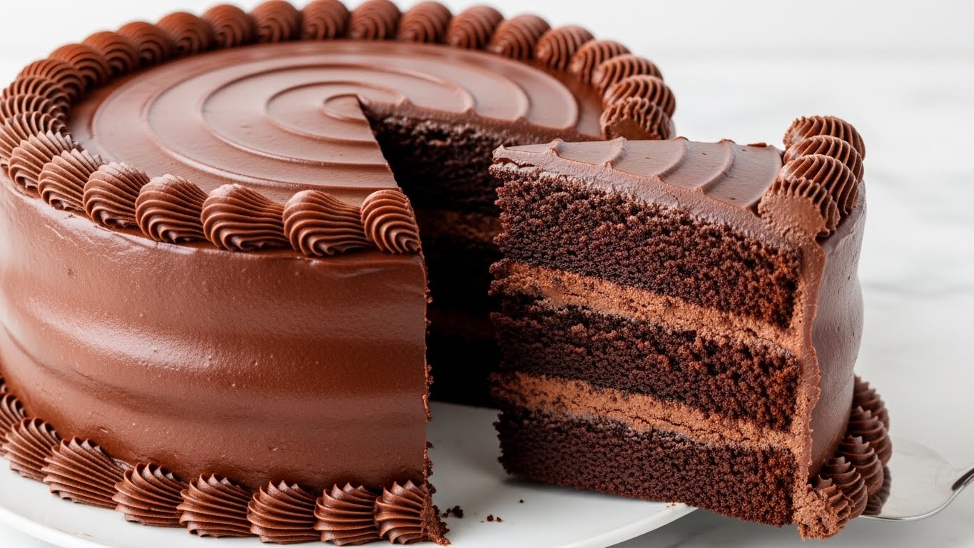 A rich, dark chocolate cake with three thick layers of moist cake separated by smooth, glossy chocolate frosting. The entire cake is covered in a shiny chocolate glaze that has swirled textures on top, with a border of decorative chocolate swirls around the edge. One large slice is cut out, showing the deep brown cake layers and the even thickness of the frosting in between. The cake sits on a white plate, placed on a white marbled surface. Photo taken with an iphone --ar 4:5 --v 7