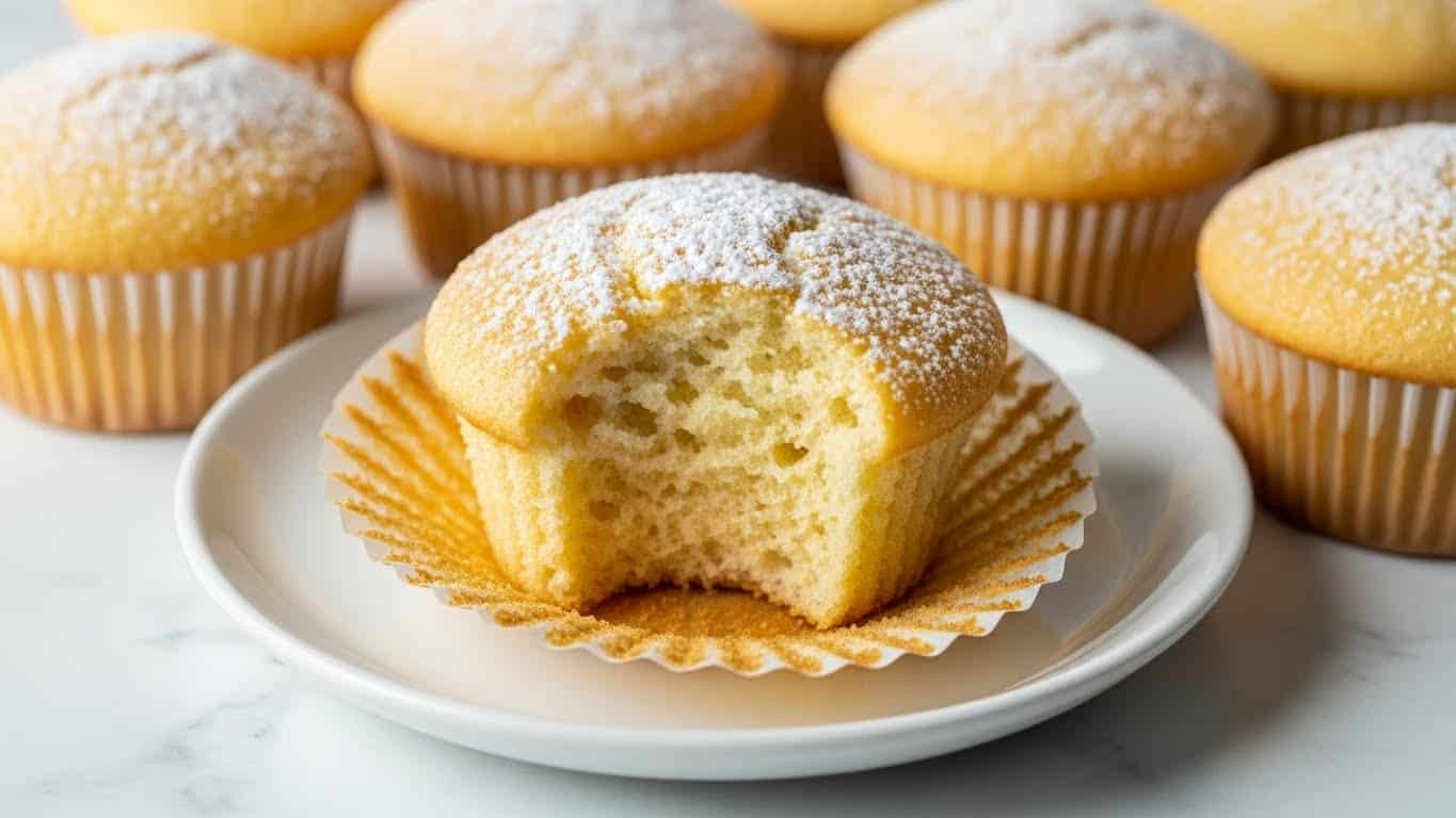 A close-up view of a soft, fluffy cupcake in a white paper liner, with a light golden brown top dusted with fine white powdered sugar. The cupcake has a bite taken out, revealing an airy, pale yellow interior. Around it are several more identical cupcakes slightly blurred, all with the same powdered sugar topping and golden brown tops. They sit on a white plate placed on a white marbled surface. photo taken with an iphone --ar 4:5 --v 7