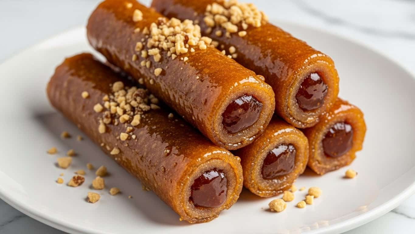 The image shows three rolled pastries placed side by side on a white plate set on a white marbled surface. Each pastry is golden brown, sticky with shiny syrup on the outside, and appears crispy with thin, delicate layers around a filling of whole pistachios seen at the ends. The pastries are sprinkled with finely chopped green pistachios and a light dusting of white powdered sugar, creating a nice contrast on the shiny syrup glaze. The photo is taken very close up, showing the texture of the syrup and layers in detail. photo taken with an iphone --ar 4:5 --v 7
