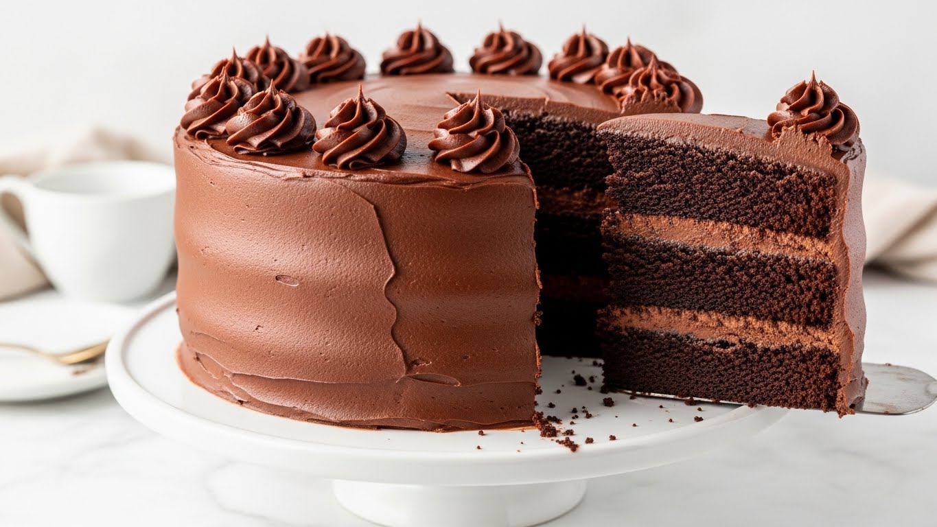 The image shows a three-layer chocolate cake on a white cake stand with a raised base, placed on a white marbled surface. Each layer of the cake is dark chocolate with smooth and thick chocolate frosting in between. The outside of the cake is coated evenly with shiny chocolate frosting. The top edge of the cake has swirls of dark chocolate frosting spaced evenly around the circle. A large slice is cut out, revealing the moist texture of the cake layers and the creamy frosting inside. There are some small crumbs on the cake stand where the slice has been removed. In the background, there is a white cup and some soft beige fabric partially visible. The photo taken with an iphone --ar 4:5 --v 7