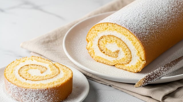 A close-up image of a rolled cake with two visible layers: the outer layer is a light brown, soft sponge cake, and the inner layer is a creamy, smooth white filling spiraled inside. The roll is dusted lightly with white powdered sugar on top, enhancing its texture. One slice is cut to show the swirl design, resting on a white plate with some powdered sugar scattered around it. A knife, partly seen, lies beside the roll on the plate. The scene is placed on a white marbled textured surface with a beige cloth partially visible underneath. Photo taken with an iphone --ar 4:5 --v 7