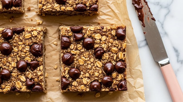 The image shows a close-up of three square oat bars on crinkled brown parchment paper over a white marbled surface. Each bar has a dense texture with visible oat flakes throughout and large, dark chocolate chips scattered on top. The oat bars are golden brown, with a slightly chewy appearance, and the chocolate chips add darker spots of glossy texture. To the right side of the image is a butter knife with a pale pink handle resting on the parchment, with traces of melted chocolate on the blade. photo taken with an iphone --ar 4:5 --v 7