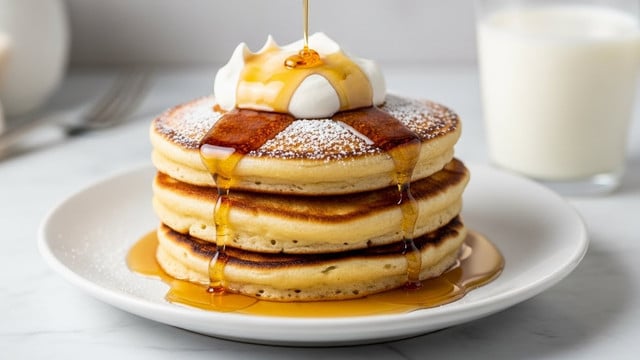 A stack of three thick, fluffy pancakes with golden brown edges sits in the middle of a white plate, surrounded by a pool of amber syrup. The top pancake is dusted lightly with powdered sugar, and a generous mound of white whipped cream with soft, airy texture rests on top. The whipped cream is drizzled unevenly with more syrup, creating light golden streaks. In the background, there is a blurred glass of milk and a spoon resting on the right edge of the plate on a white marbled surface. photo taken with an iphone --ar 4:5 --v 7