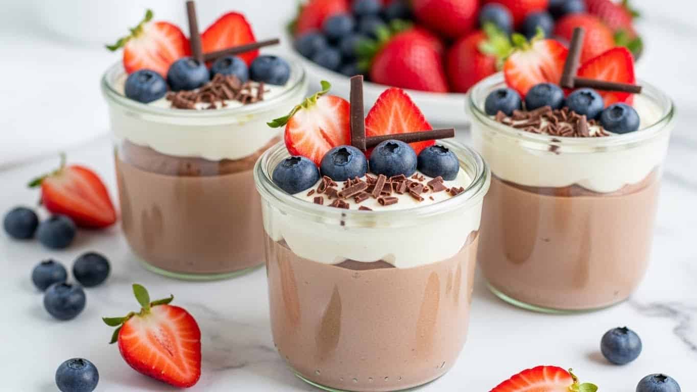 The image shows three clear glass jars filled with light brown chocolate mousse. The mousse jars each have a top layer of white cream, decorated with red strawberry slices, dark blue blueberries, and thin dark brown chocolate shavings. The jars are placed on a white marbled texture surface with a scattering of blueberries and strawberry halves around them. In the background, there is a plate filled with more strawberries and blueberries, softly blurred. The scene has soft, natural lighting and a clean look. photo taken with an iphone --ar 4:5 --v 7
