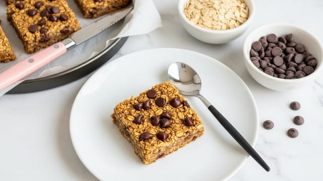 A single square oat chocolate chip bar sits in the center of a white plate, showing a textured top layer of golden oats with dark and milk chocolate chips scattered unevenly. The bar appears soft and chewy with a rough surface. A sleek spoon with a black handle and round silver head rests beside the bar on the plate. Nearby, a round baking tray lined with parchment paper holds more bars with the same oat and chocolate chip texture, a pink-handled knife is placed next to it. Two small white bowls sit close, one filled with light beige rolled oats and the other with round dark chocolate chips. The entire scene is set on a white marbled surface. photo taken with an iphone --ar 4:5 --v 7