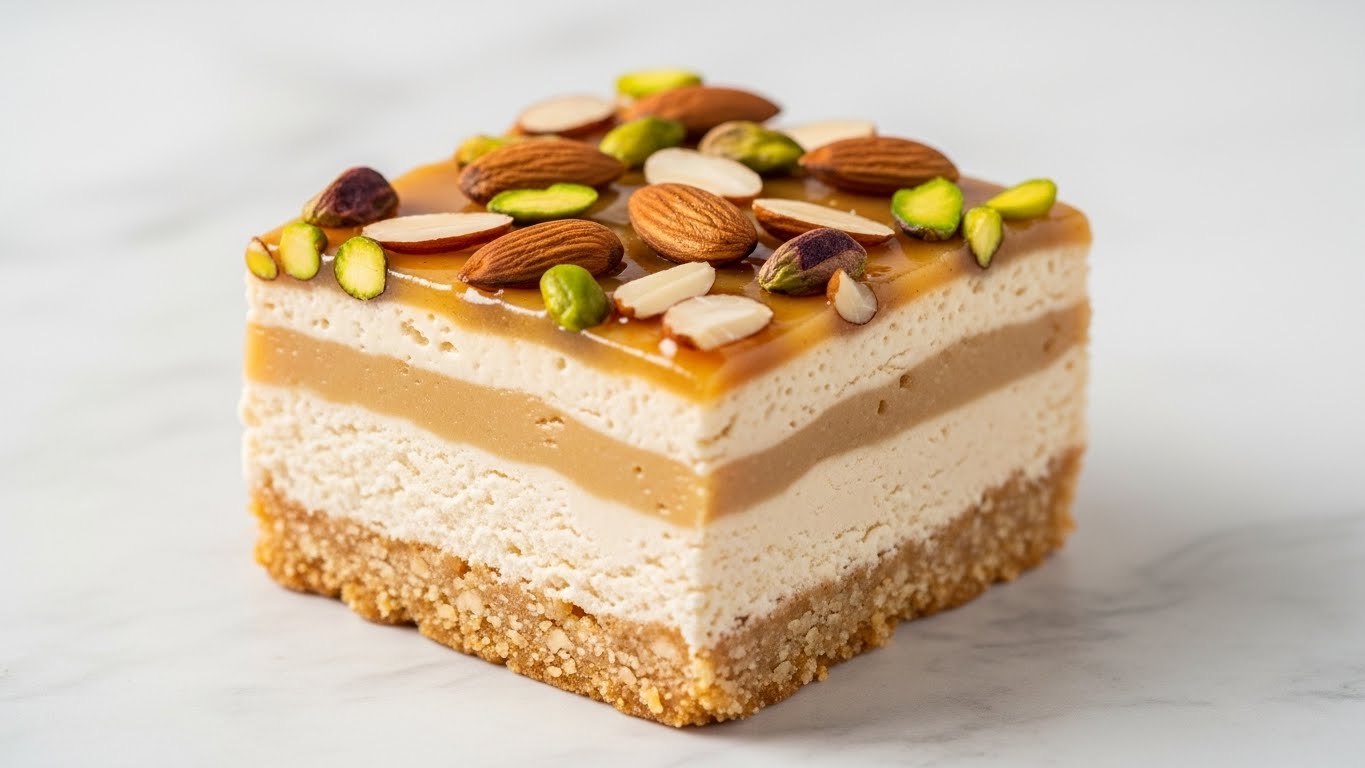 A square piece of dessert with three clear layers sits on a white marbled surface. The bottom layer is a crumbly golden crust, slightly uneven at the edges. The middle layer is thick, creamy, and pale beige with a soft, smooth texture. The top layer is a shiny, light caramel glaze that glistens with a sticky appearance. Scattered on top are whole and sliced almonds and green pistachios, adding a mix of brown and green colors with a crunchy texture contrast. Photo taken with an iphone --ar 4:5 --v 7
