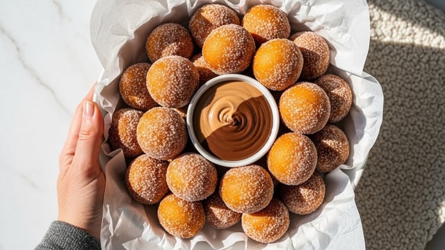 A white bowl lined with parchment paper is filled with many small, golden-brown doughnut bites covered in a light dusting of white sugar crystals, each piece showing a slightly crispy and soft texture. On the right side inside the bowl there is a small white cup holding smooth, shiny chocolate sauce with gentle swirls on the surface. The whole dish is set on a white marbled texture background. photo taken with an iphone --ar 4:5 --v 7
