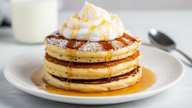 A stack of three thick, fluffy pancakes with golden-brown edges sits in the center of a white plate. Powdered sugar is lightly dusted on the top pancake, which is covered with a dollop of white whipped cream. Syrup glistens as it is drizzled over the whipped cream and pancakes, creating shiny, amber-colored streams that drip down the sides. The pancakes rest in a shallow pool of syrup at the bottom of the plate. The scene is set on a white marbled surface, with a soft, blurred background and a glass of milk to the right. photo taken with an iphone --ar 4:5 --v 7