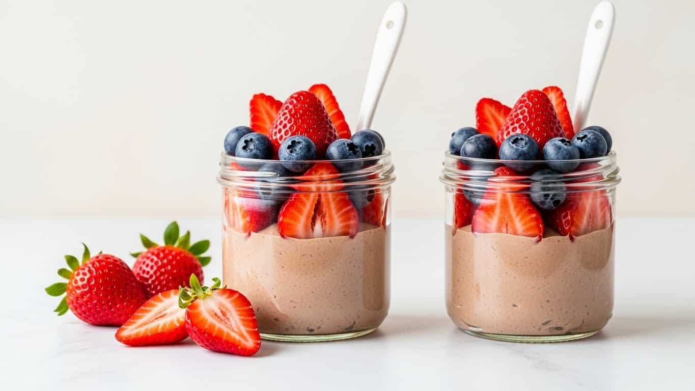 Two clear glass jars are filled with a smooth light brown chocolate mousse that reaches near the top. Each jar is topped with a layer of halved bright red strawberries and whole deep blue blueberries, adding vibrant color and fresh texture. A white spoon stands inside each jar slightly tilted. On the white marbled surface in the foreground, some whole and sliced strawberries lie casually next to the jars. The background is a soft, light cream color, giving the whole image a clean and fresh look. Photo taken with an iphone --ar 4:5 --v 7