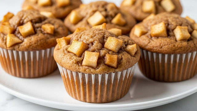 The image shows five apple cinnamon muffins on a white plate over a white marbled surface. Each muffin has a golden-brown textured base with visible flecks of cinnamon and a slightly domed top. The top layer has chunks of soft cooked apples mixed with a shiny glaze, making the surface look moist and sticky. The muffins have white paper liners with creases running vertically along the sides. The focus is on the front muffin, with the others softly blurred in the background. photo taken with an iphone --ar 4:5 --v 7