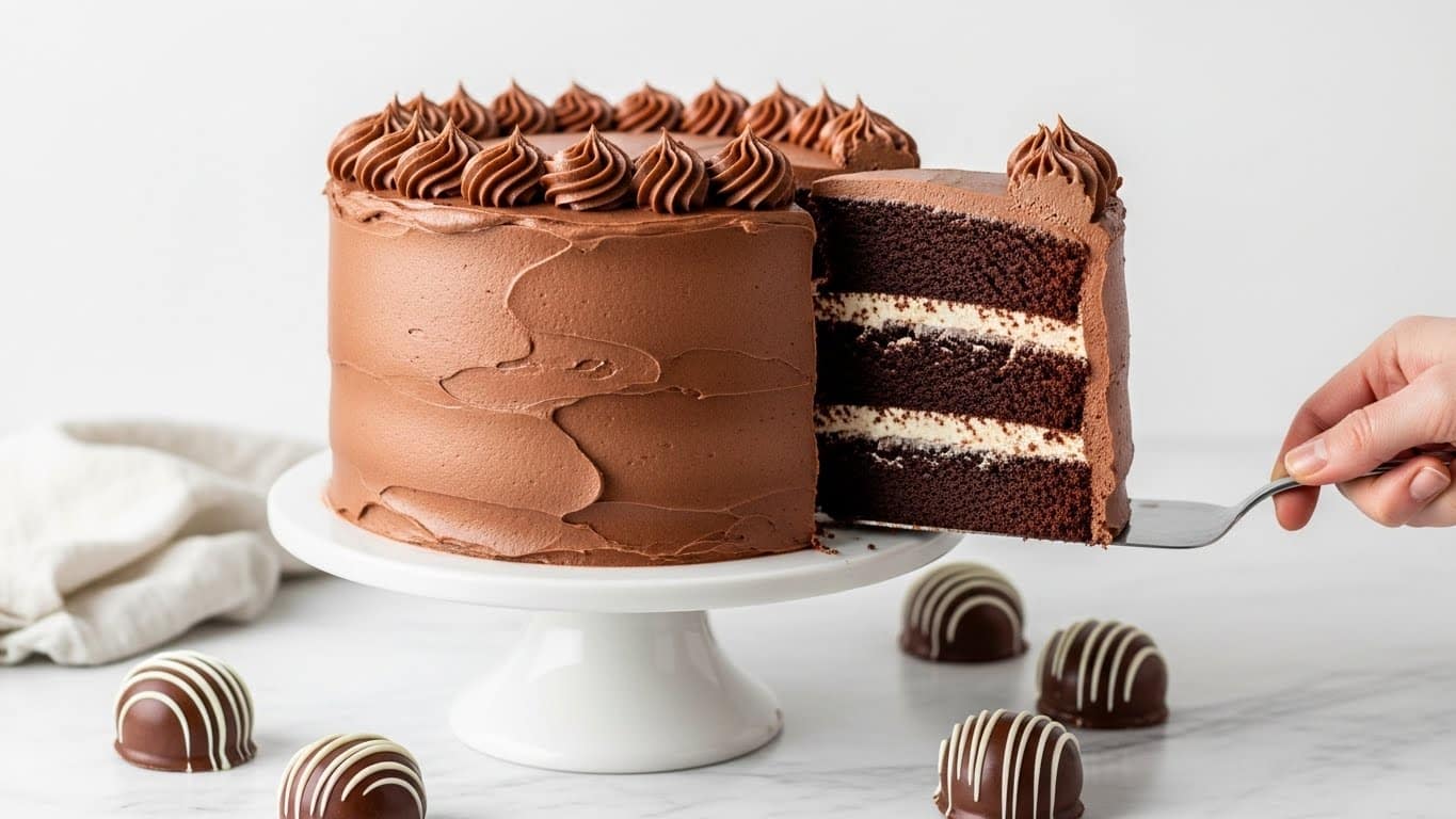A tall round chocolate cake with smooth, dark brown frosting covers the entire cake. A slice is lifted showing three thick layers: two dark brown chocolate cake layers separated by two thick white cream layers. The top of the cake has a white swirl line decoration. The cake sits on a white cake stand with a woman’s hand holding the cake slice on a metal spatula. Around the stand on the white marbled surface are three chocolate-covered treats with white swirl lines. The background is clean and simple. photo taken with an iphone --ar 4:5 --v 7