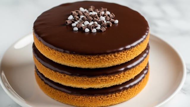A close-up of a stack with three round sponge cake layers, each layer having a golden brown edge and a light beige center. Each sponge layer is separated by a smooth, glossy dark chocolate glaze layer that covers the top of each sponge except the bottom one. The top sponge layer is fully covered with thick dark chocolate glaze, and the center has small, shiny dark chocolate pieces scattered over a small pile of white sugar crystals. The stack sits on a white plate with a subtle shine, placed on a white marbled surface. photo taken with an iphone --ar 4:5 --v 7